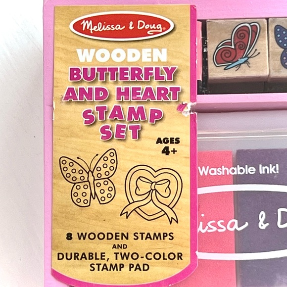 NEW Melissa & Doug Butterfly & Heart Wooden Rubber Stamp Set Valentines Crafts - Picture 2 of 8